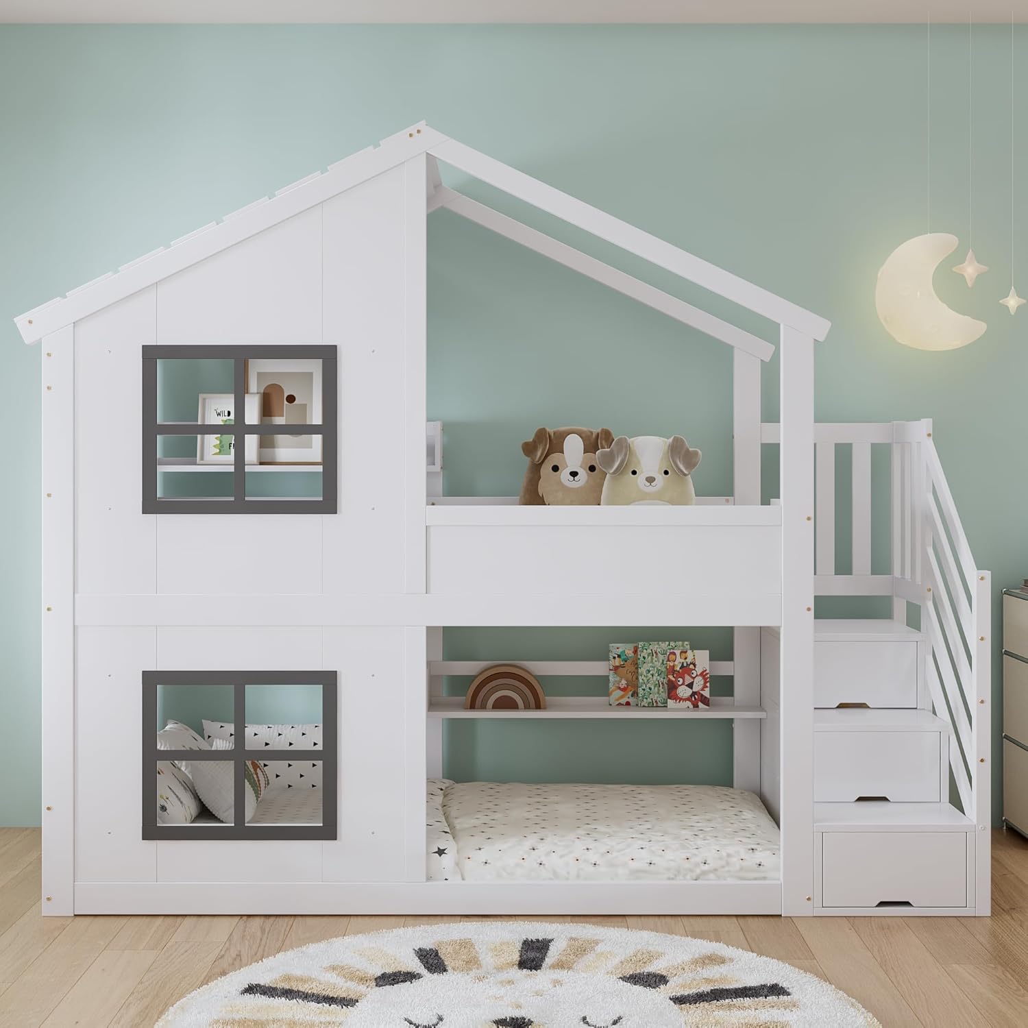 Kinderbett 90 x 200 mit Stauraumtreppe, Etagenbett für 2 Kinder, Hausbett mit Fenster und Dach, Funktionsbett mit Regal, Holzbett mit Lattenrost, Weiß, ohne Matratze