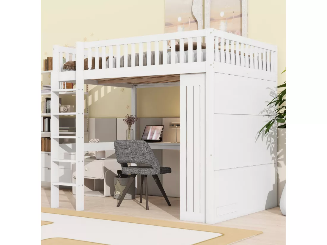 Lit mezzanine 140 x 200 cm avec bureau, armoire et 3 tiroirs - Pin + MDF - Blanc (sans matelas)