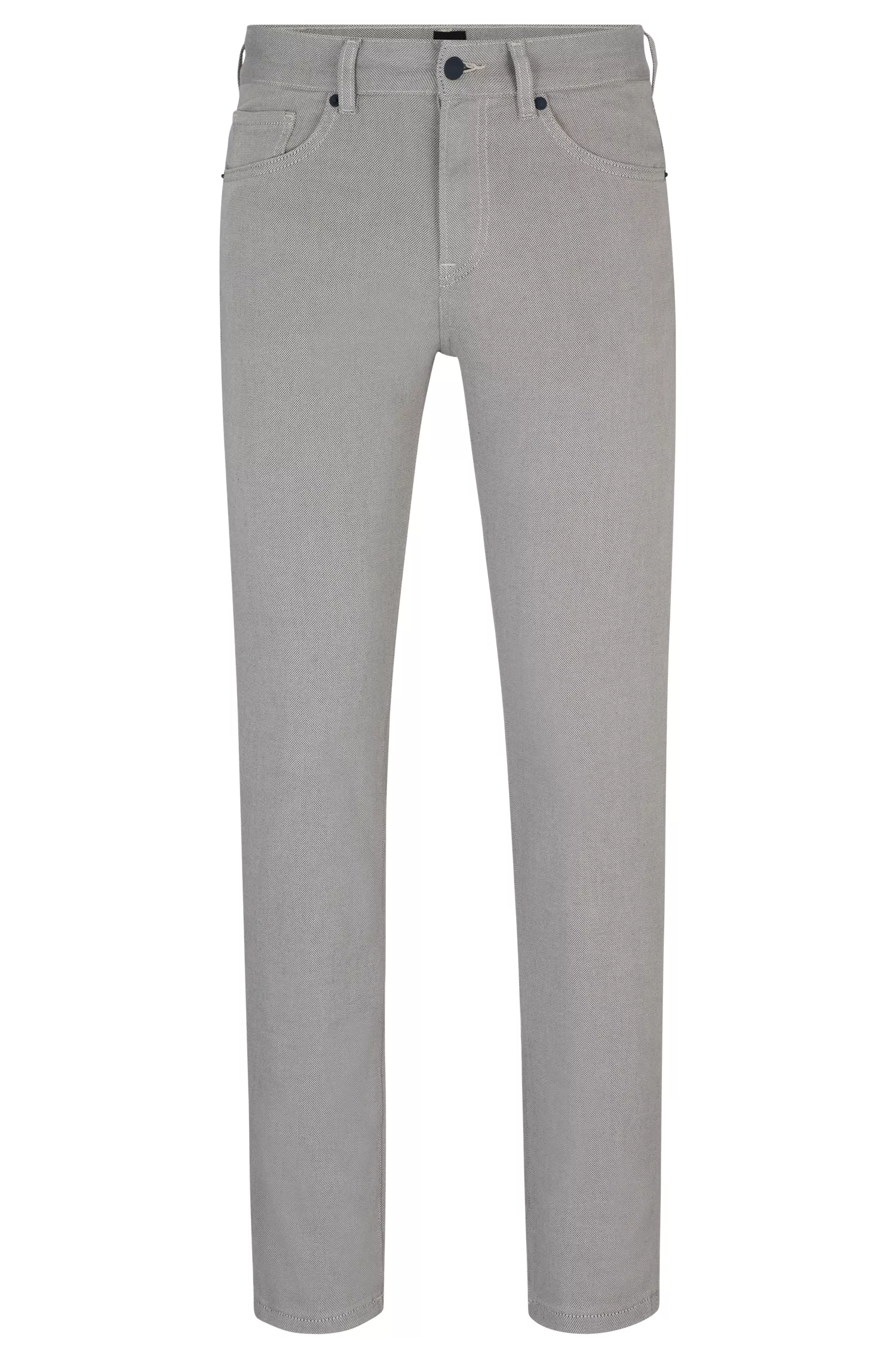 Calça jeans BOSS preta, corte regular, em denim microestruturado.