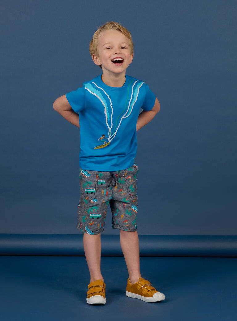 T-shirt manches courtes bleu à motif surfeur enfant garçon