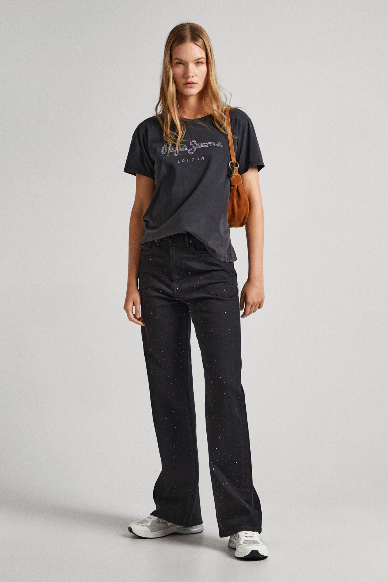 Camiseta de algodão com logotipo de strass