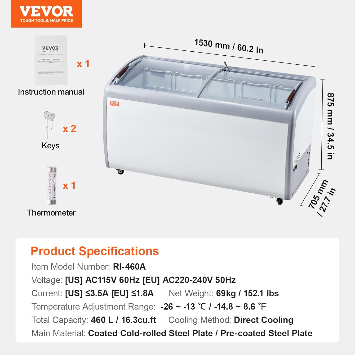 VEVOR Vitrine Réfrigérée à Crème Glacée Commerciale, Comptoir à Glace 460 L, Congélateur Mobile avec Dessus en Verre, 5 Paniers Métalliques, 2 Portes Coulissantes en Verre, Roulettes Verrouillables