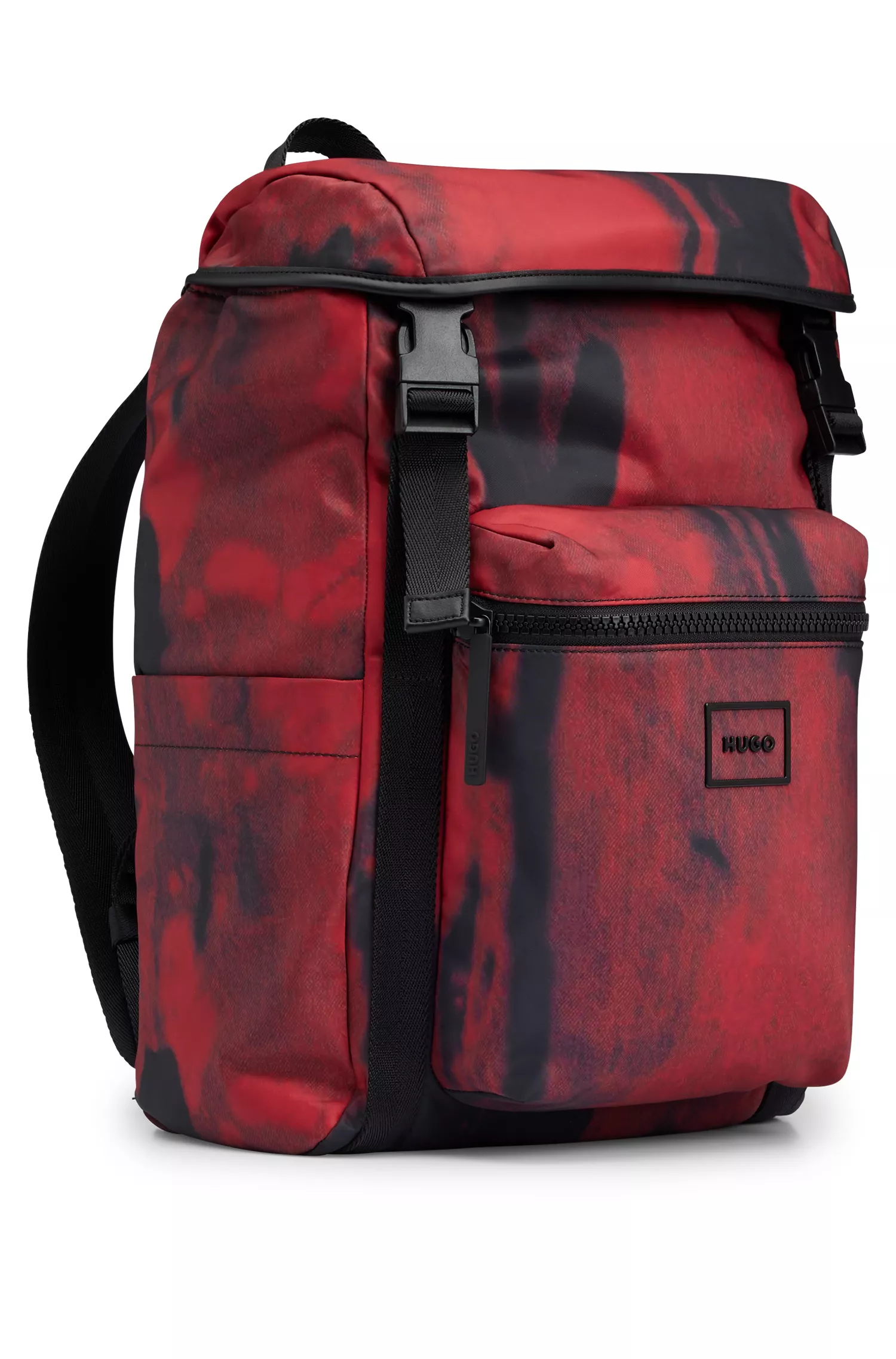 Mochila HUGO vermelha em material reciclado com estampa sazonal.