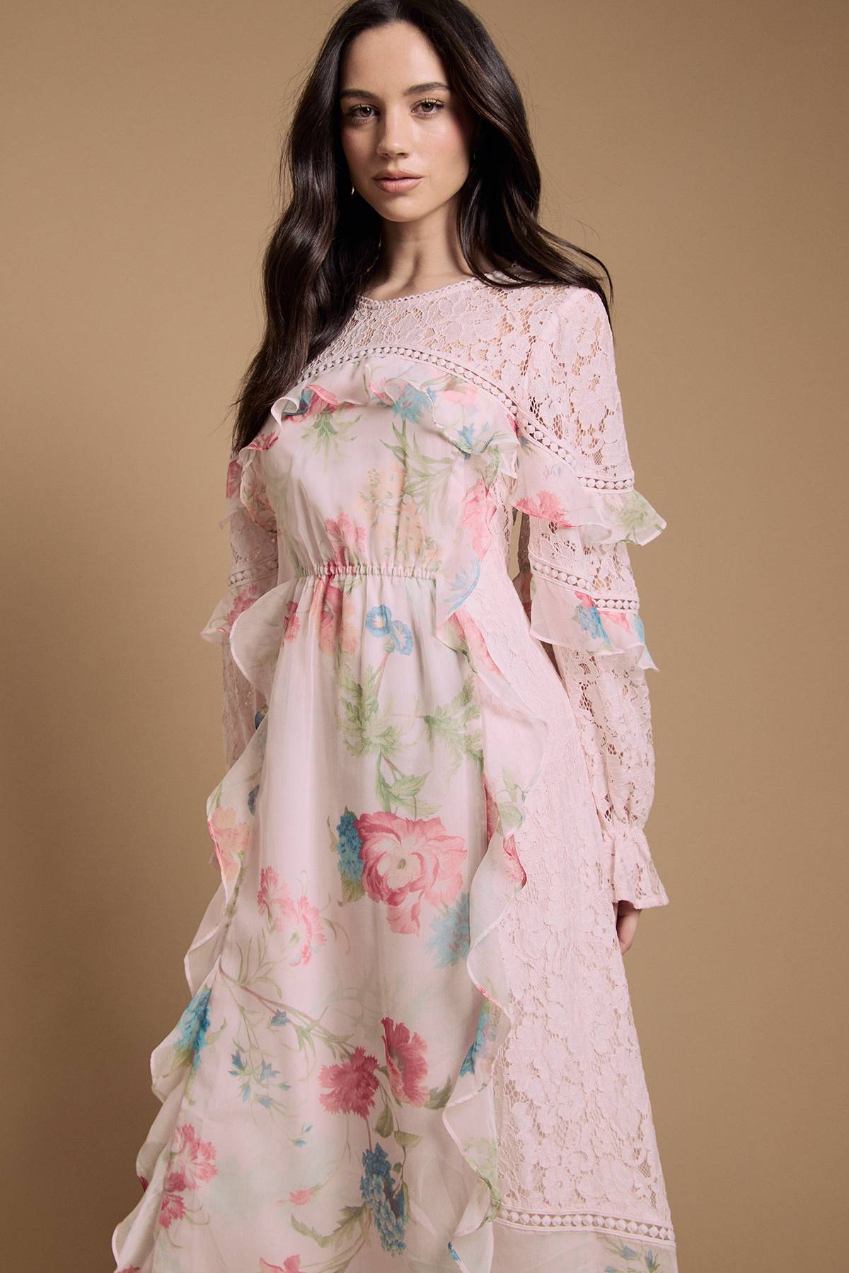Oasis Robe Midaxi À Volants Et Dentelle Mélangée