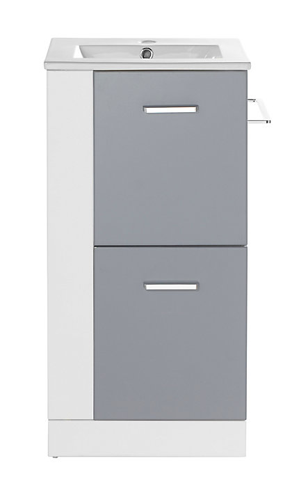 Ensemble l.43 cm Waneta meuble sous vasque version droite blanc façade grise à poser + plan vasque céramique blanc