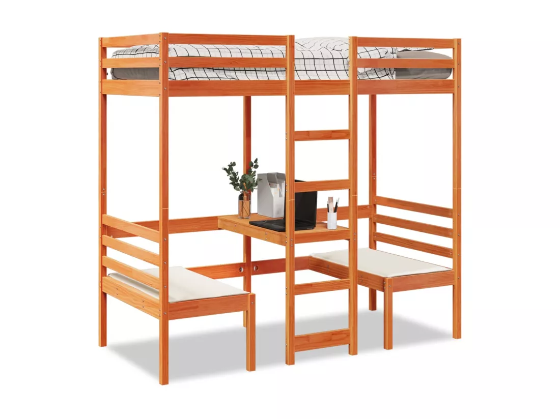 Lit mezzanine avec bureau et chaises brun cire 90x200 cm pin