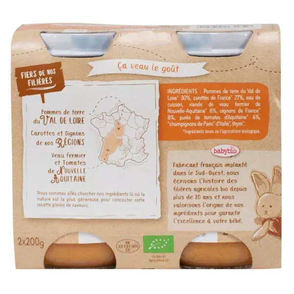 Babybio Repas Midi Pot Pomme de Terre Carotte Veau +8m Bio 2 x 200g