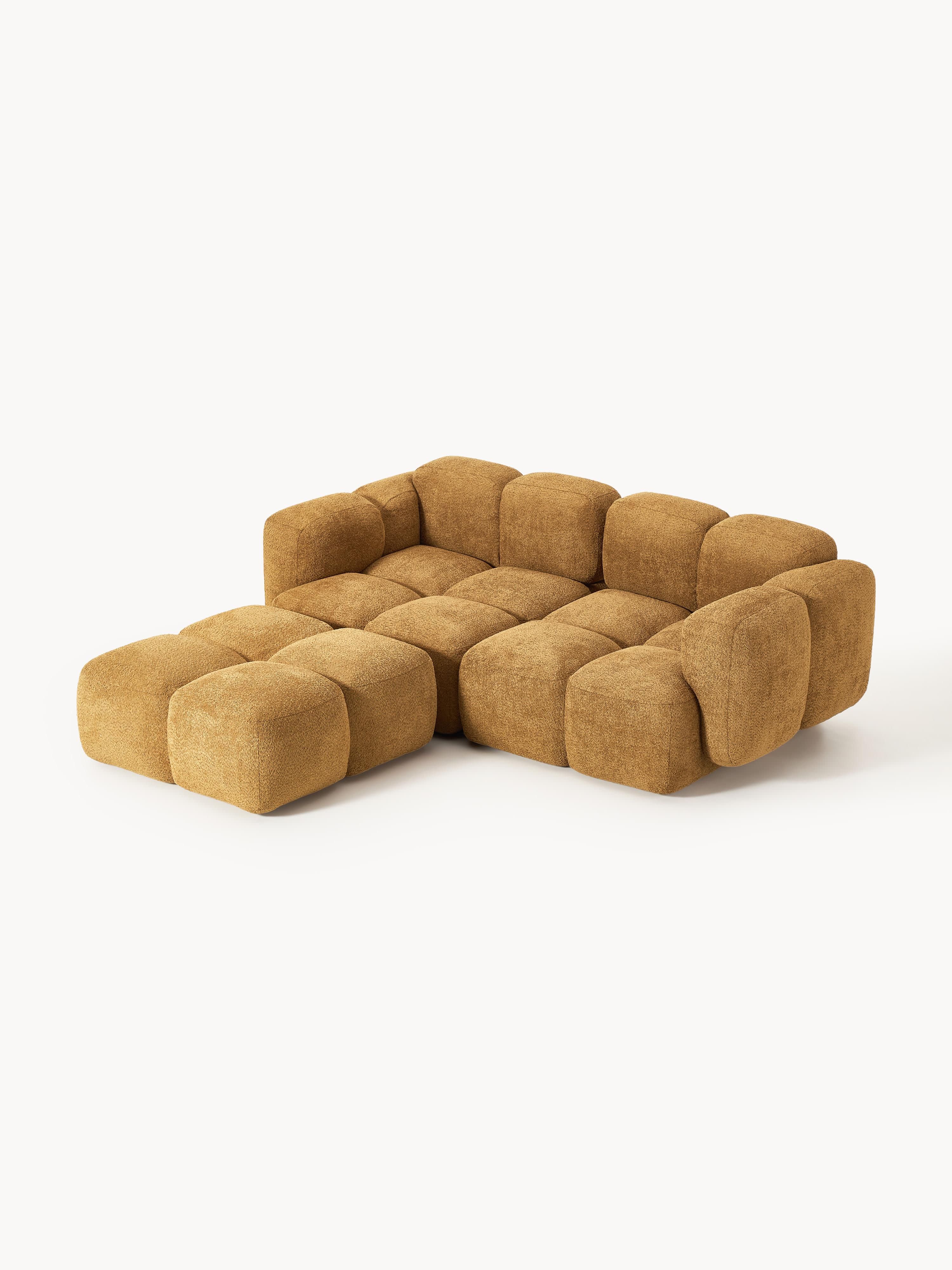 Modulaire bank Tayla (3-zits) van teddy bouclé met poef (links/rechts)