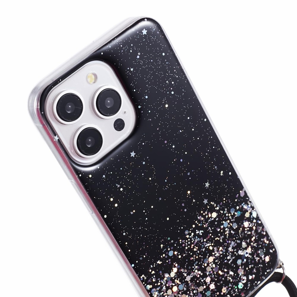iPhone 15 Pro Necklace Gummi Hülle im Glitzer Design   Handykette (140cm) - Schwarz / Transparent