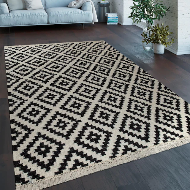 Paco Home Wollteppich »Kenitra 500« rechteckig 12 mm Höhe Flachgewebe, reine Wolle, handgewebt, Rauten Design, mit Fransen