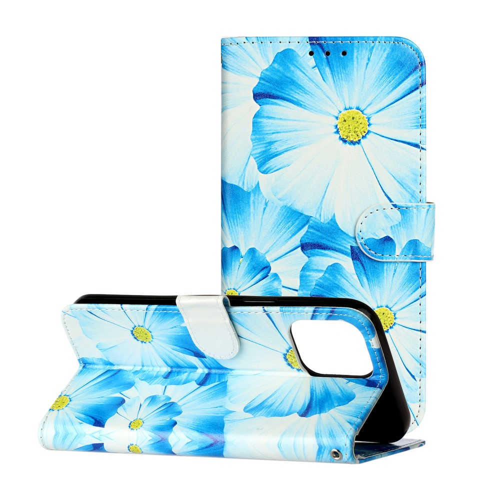 iPhone 13 Pro Leder Tasche Flip Cover Blumen - Blau / Weiss