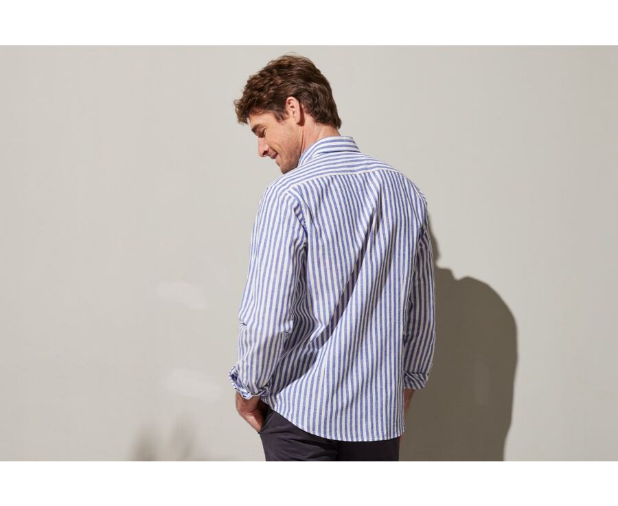 Chemise coton lin rayée bleue foncée et blanche - SIMONIN