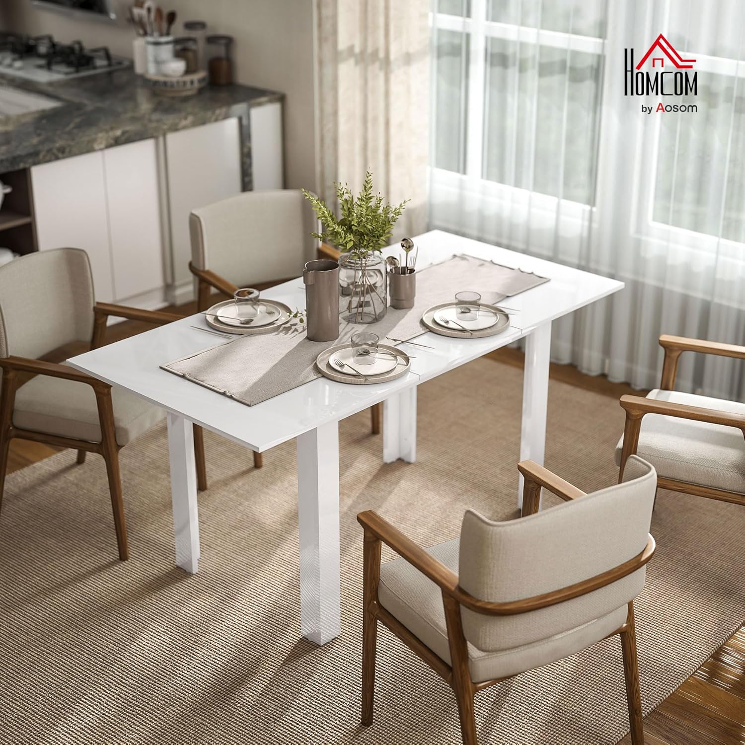 HOMCOM Esstisch ausziehbar 120-160 x 80 cm Küchentisch für 4-6 Personen Modern Esszimmertisch für Küche, Esszimmer, Hochglanzweiß