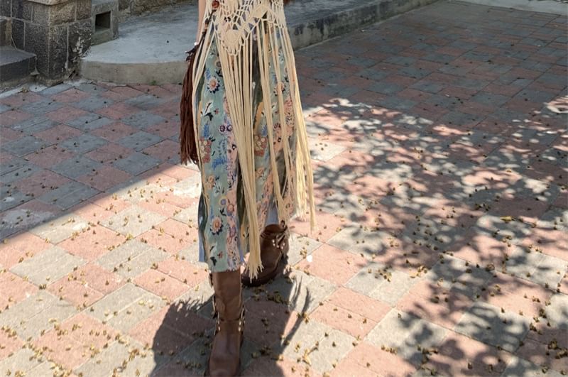 Trendycas - Spaghettibandjes V-hals bloemenprint midi A-lijn jurk / Scoop hals effen franje haak gebreide cami top