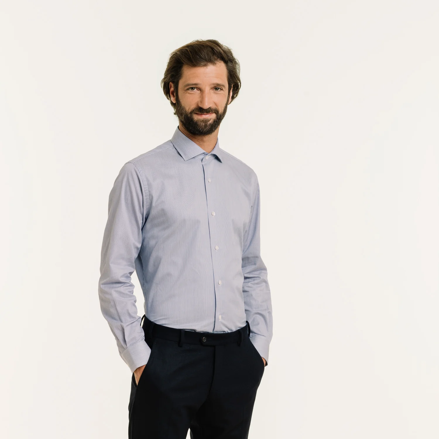 Navy blue pinstriped double-twisted twill shirt