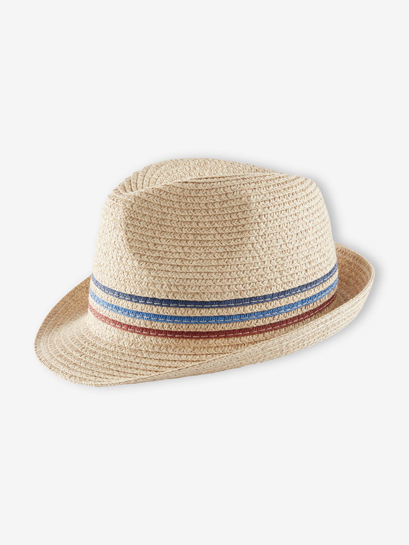 Chapéu estilo Panamá de palha, para meninos, bege claro liso com estampas.