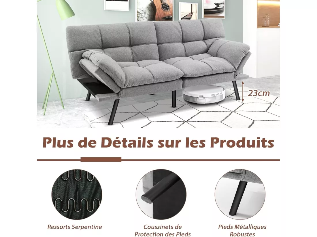 Canapé-Lit Convertible 5 en 1 avec Dossier et Accoudoirs Réglables, Canapé Futon 3 Places en Mousse à Mémoire, Pieds Métalliques, pour Petits Appartements, Salon, Bureau, Charge 273 KG, Gris