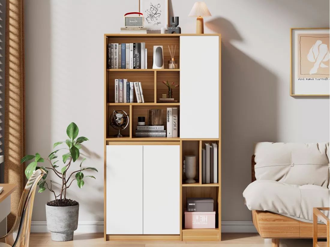 Vitrine avec 3 portes et étagères réglables - panneaux de particules - Naturel & Blanc