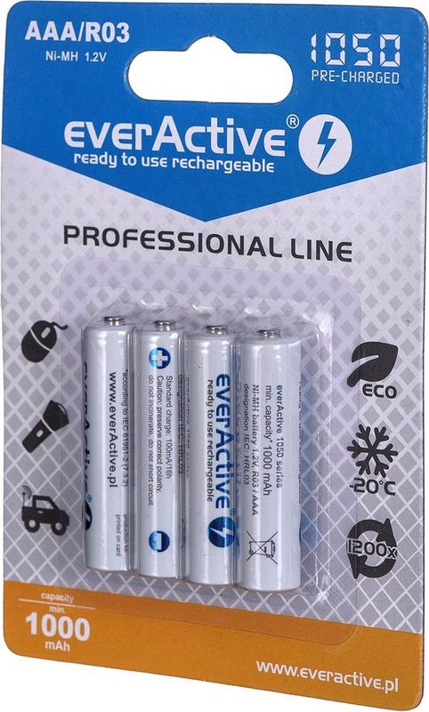 everActive - Batterij AAA - 1050 mAh - 4 Stuks - NI-MH - Oplaadbaar - Wit
