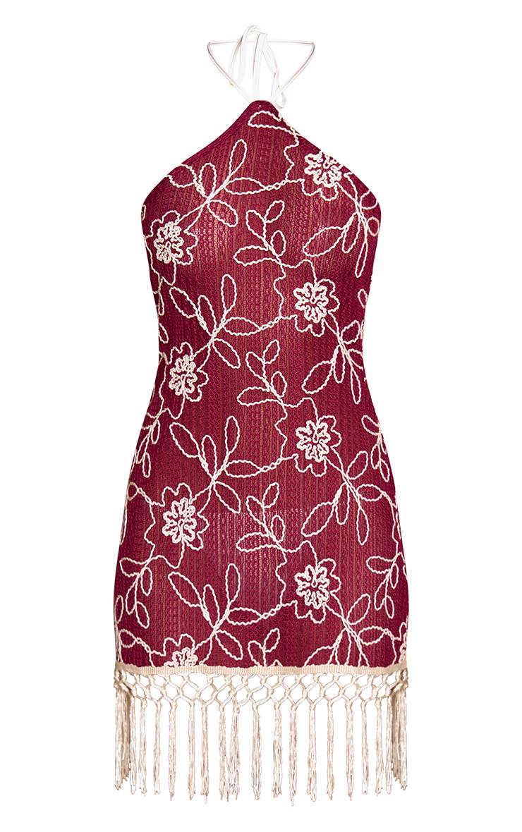 Rouge Vin Robe Courte À Franges Col Licou Texturé Motif Floral