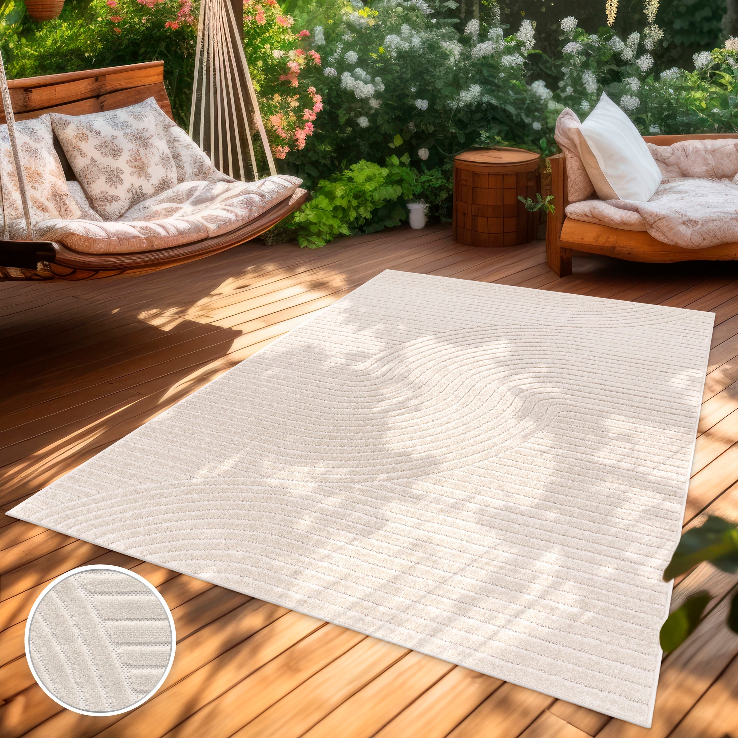 Paco Home Teppich »Cotton 233« rechteckig 10 mm Höhe Kurzflor, Uni Farben, Hoch-Tief-Effekt, Scandi-Look, Outdoor geeignet
