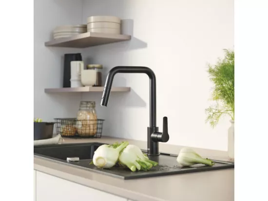 Robinet de cuisine avec douchette GROHE Start bec haut noir mat 2 jets
