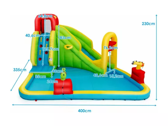 Château Gonflable, Grande Aire de Jeux avec Toboggan Pistolet à Eau Piscine en Tissu Oxford, 400x335x230cm, Multicolore