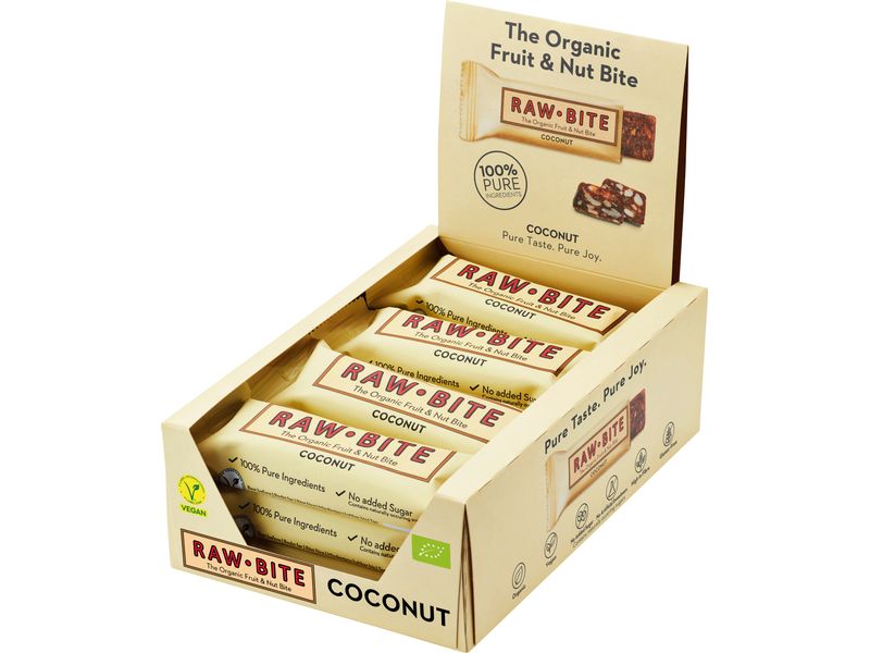 Rawbite Rohkostriegel Kokosnuss, 12 x 50g Leckerer Rohkostriegel mit Kokosnuss