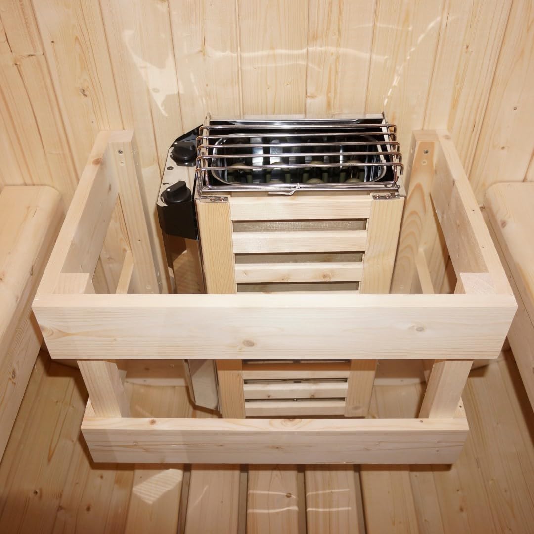 SANOTECHNIK Outdoor Fasssauna TROMSÖ M – 2 Personen Gartensauna aus Fichtenholz, Harvia Saunaofen 3,6 kW, ESG-Glas, Asphaltdach, 189×120×191,5 cm, F50120