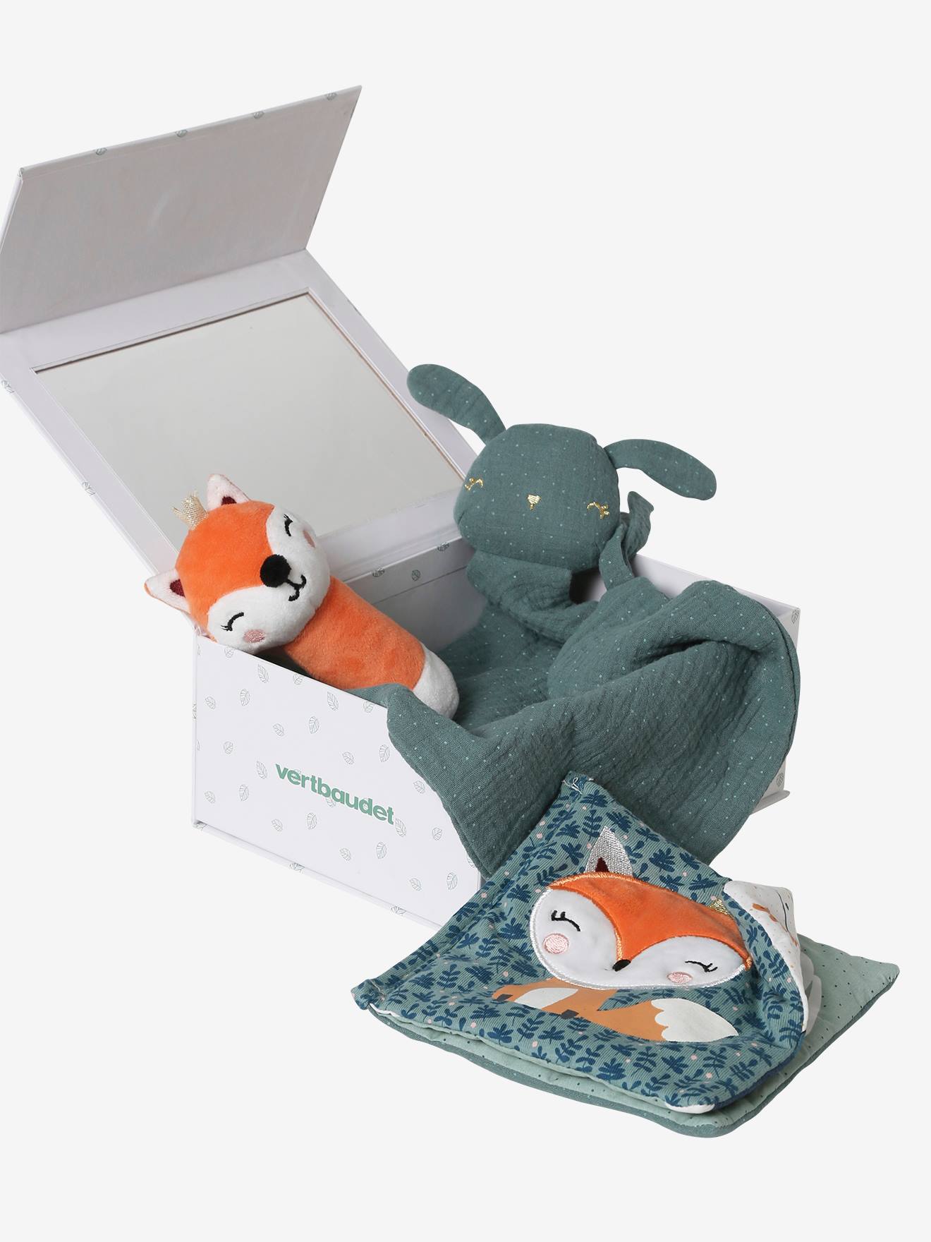 Conjunto para presente com 3 itens: pano para doudou + chocalho + livro ilustrado laranja