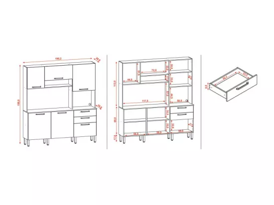 Buffet de Cuisine 6 Portes 2 Tiroirs Chêne et Blanc L 180.2 H 198 P 38.8 cm