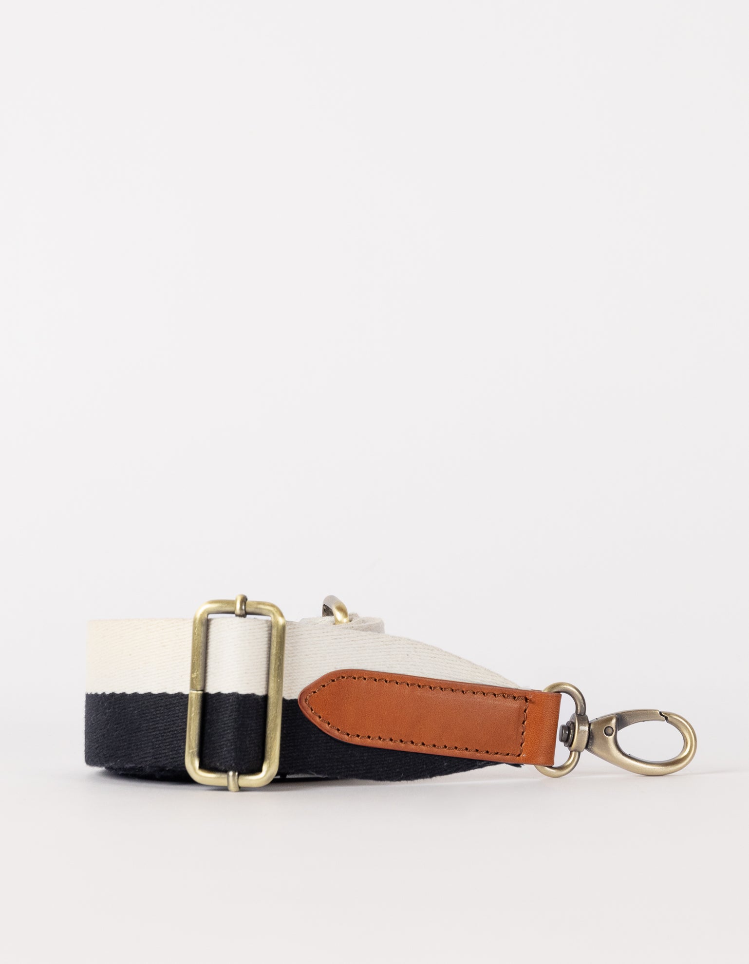 Perfectly Imperfect Striped Webbing Strap - Black & White / Cognac Classic Leather