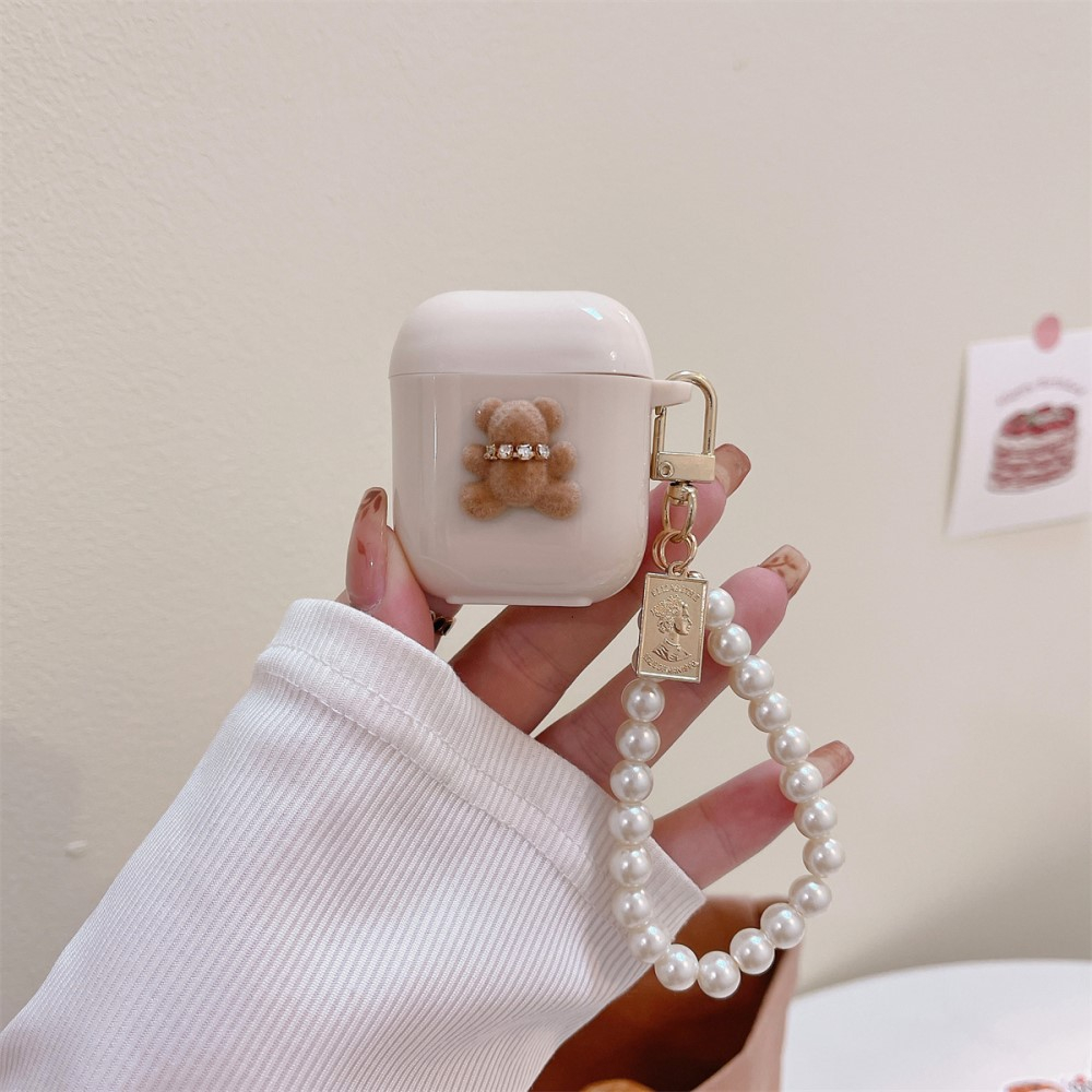 AirPods (1. & 2. Generation) Gummi Case Schutzhülle mit Handschlaufe Bären Design - Beige
