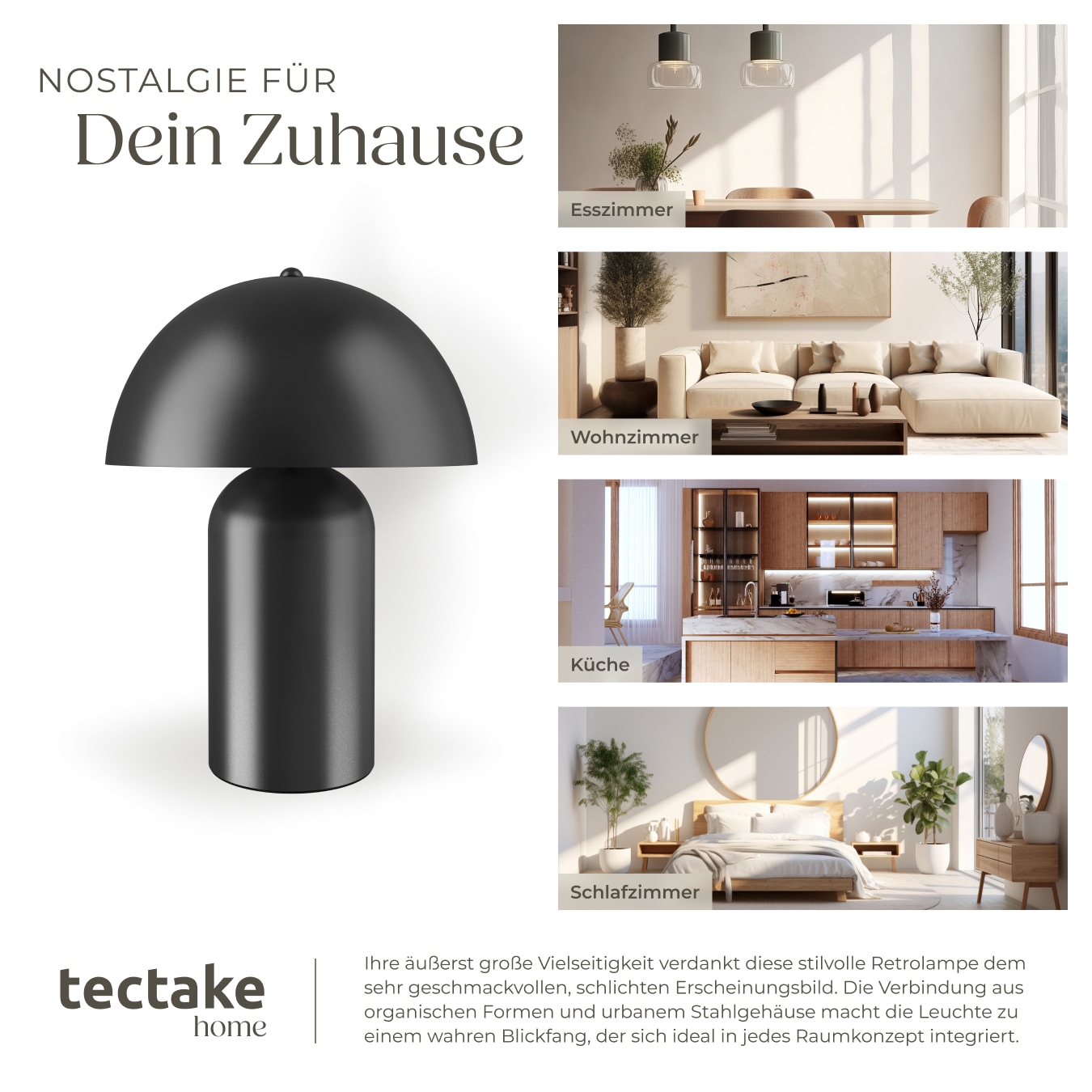 tectake® Akku-Tischlampe, Retro-Pilzdesign im 70er-Jahre-Stil, indirektes Licht, Touchschalter, inkl. Ladekabel, 25 x 34 cm