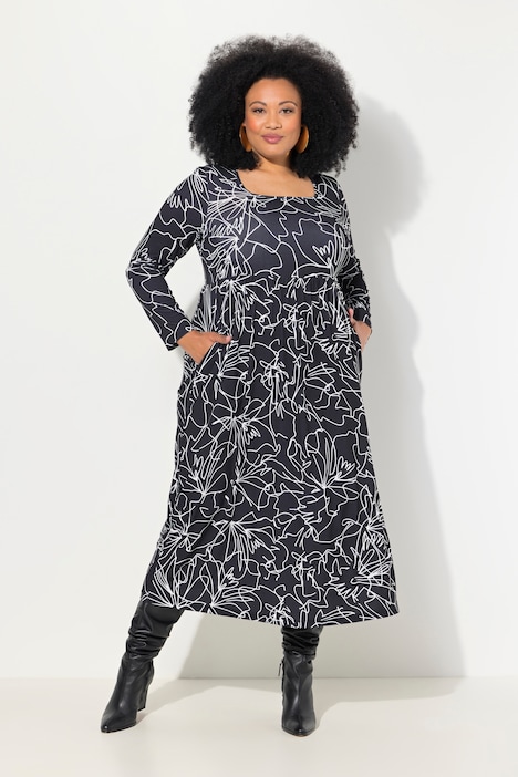 Jerseykleid, A-Linie, Carree-Ausschnitt, Langarm, Taschen