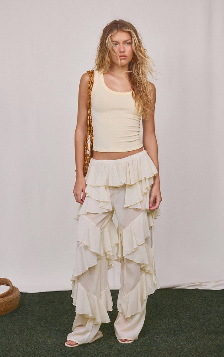 Crème Pantalon Large À Volants En Mousseline