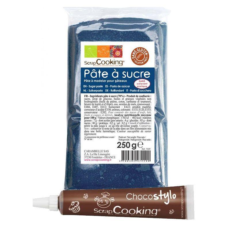 Pâte à sucre bleu foncé 250 g + Stylo chocolat Scrapcooking