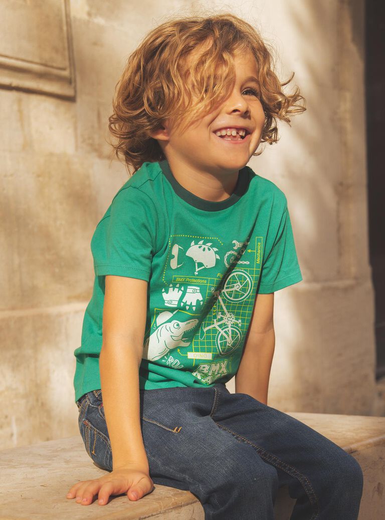 T-shirt vert dinosaure et vélos phosphorescents