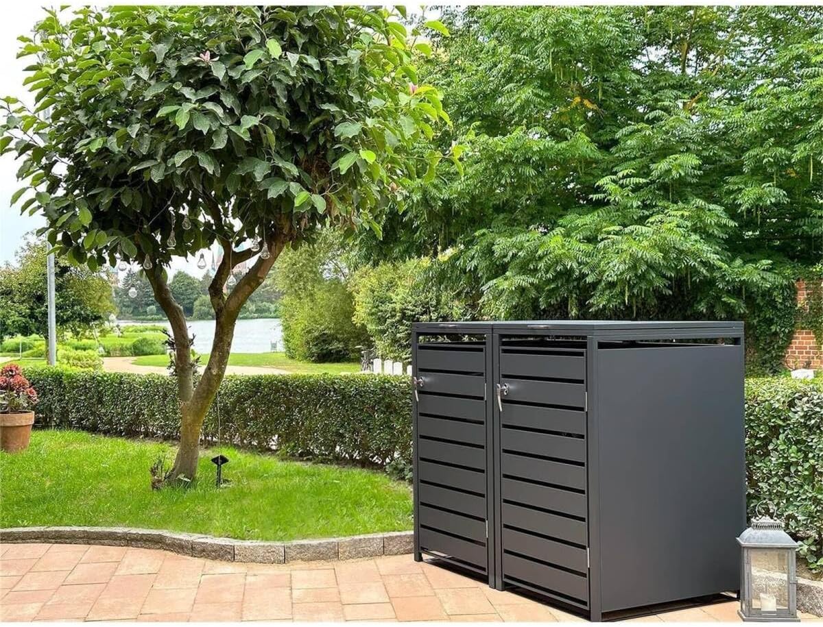 Metzler Mülltonnenbox in Anthrazit mit Sichtstreifen 2er 240L, Mülltonnenverkleidung 2 Tonnen, witterungsbeständiger und pulverbeschichteter Stahl mit Automatikdeckel, abschließbar, Garten- & Müllbox