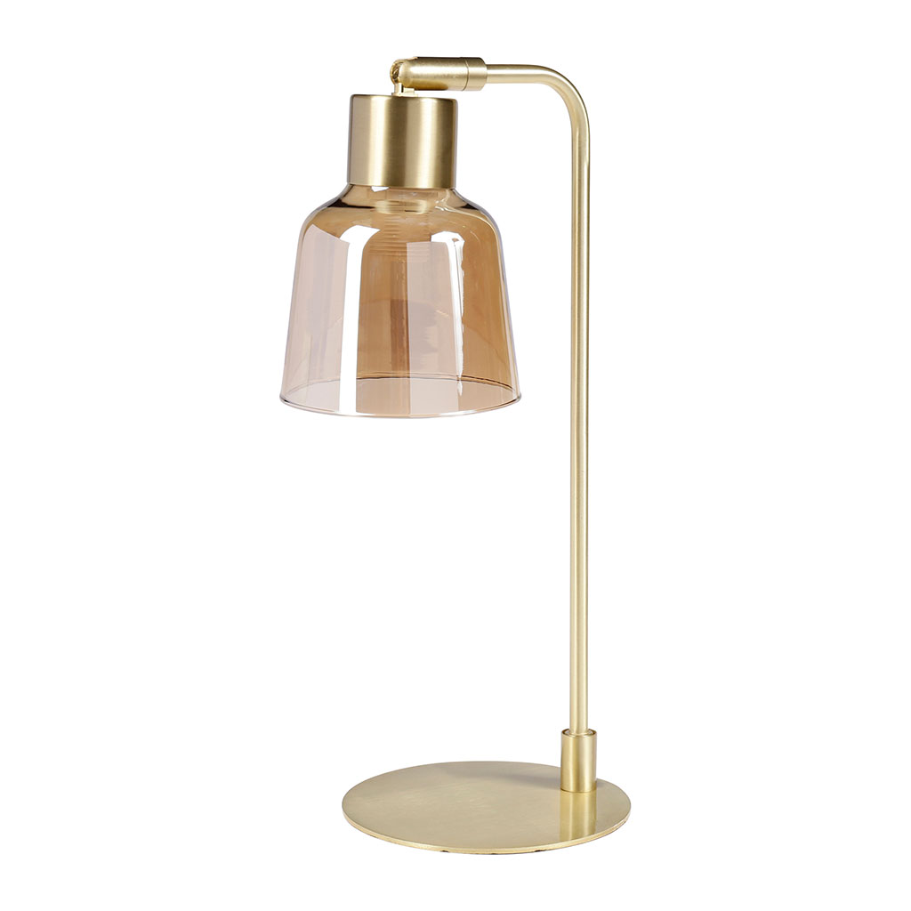 Lampe à poser abat-jour verre fumé et pied métal doré 17x36cm