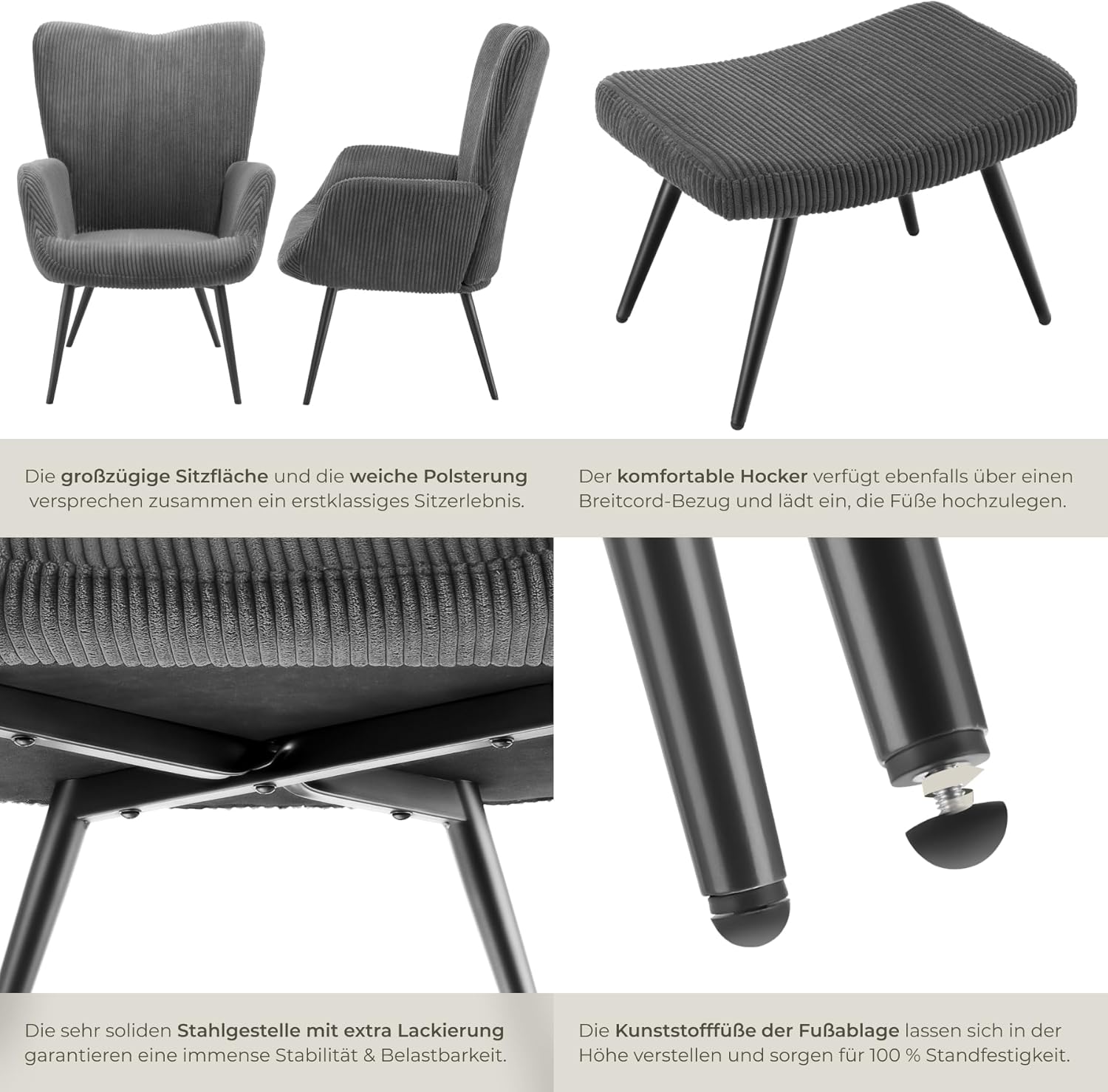 tectake® Skandinavischer Stil Ohrensessel, Sessel Hygge mit Hocker, Breitcordbezug, Sessel Wohnzimmer, Schlafzimmer, Esszimmerstuhl, Statement Loungesessel, belastbar bis 150 kg - anthrazit/schwarz