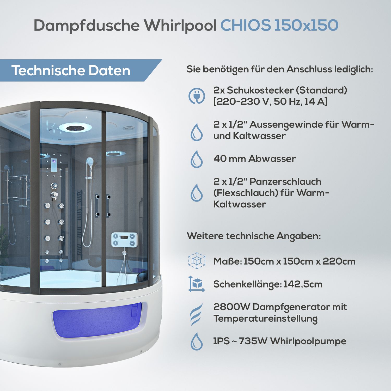 TroniTechnik® Dampfdusche Fertigdusche Dampfsauna Whirlpool Badewanne Komplettdusche Duschkabine Dusche CHIOS 150x150