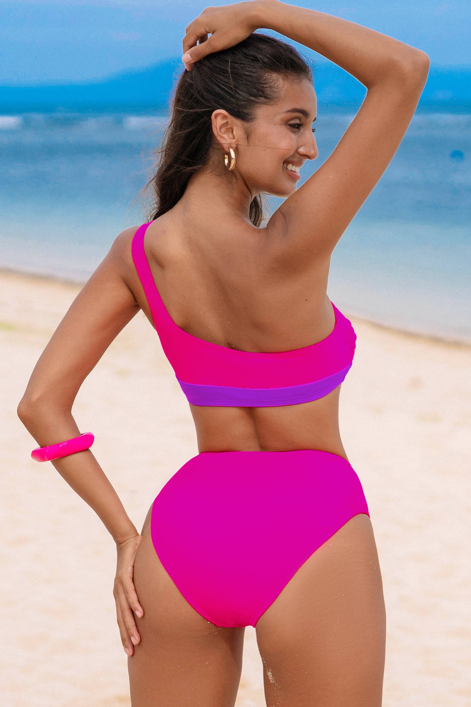 Bikini taille en V à une épaule rose vif et violet