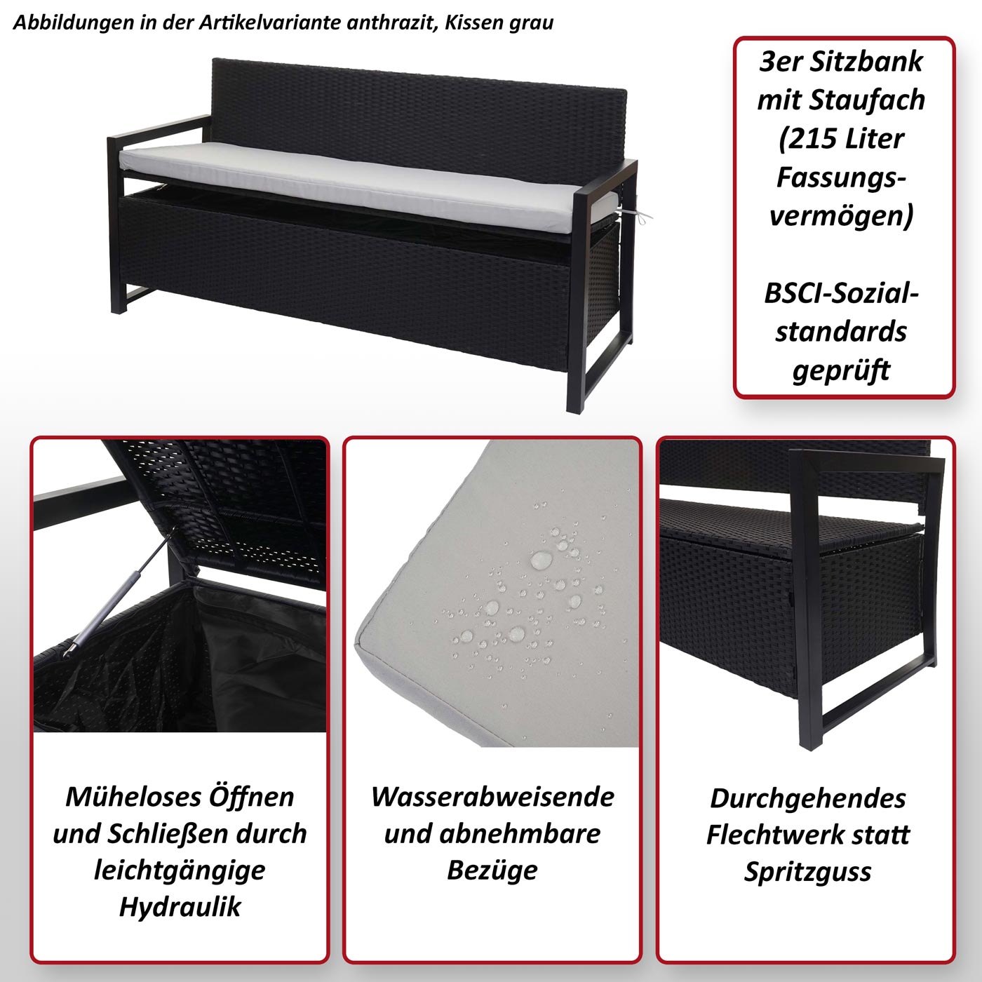 Poly-Rattan 3er Sitzbank MCW-F39, Gartenbank Truhenbank, Staufach Aufbewahrung Sitzkissen ~ braun, Kissen creme
