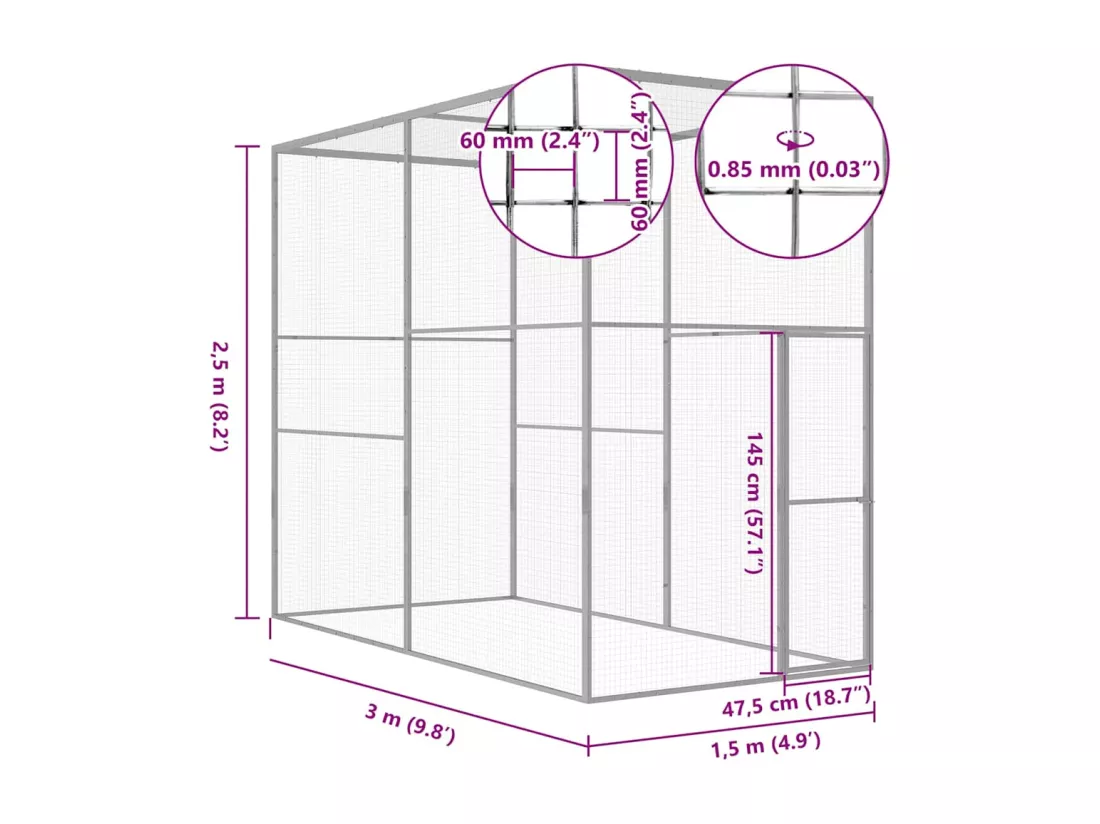 Cage pour chat 3x1,5x2,5 m Acier galvanisé