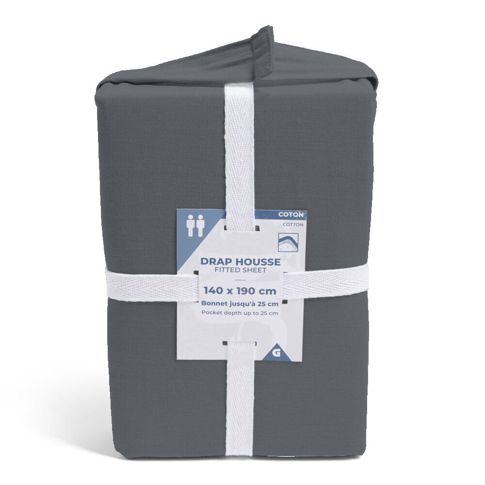Drap housse 140x190cm 100% coton gris foncé