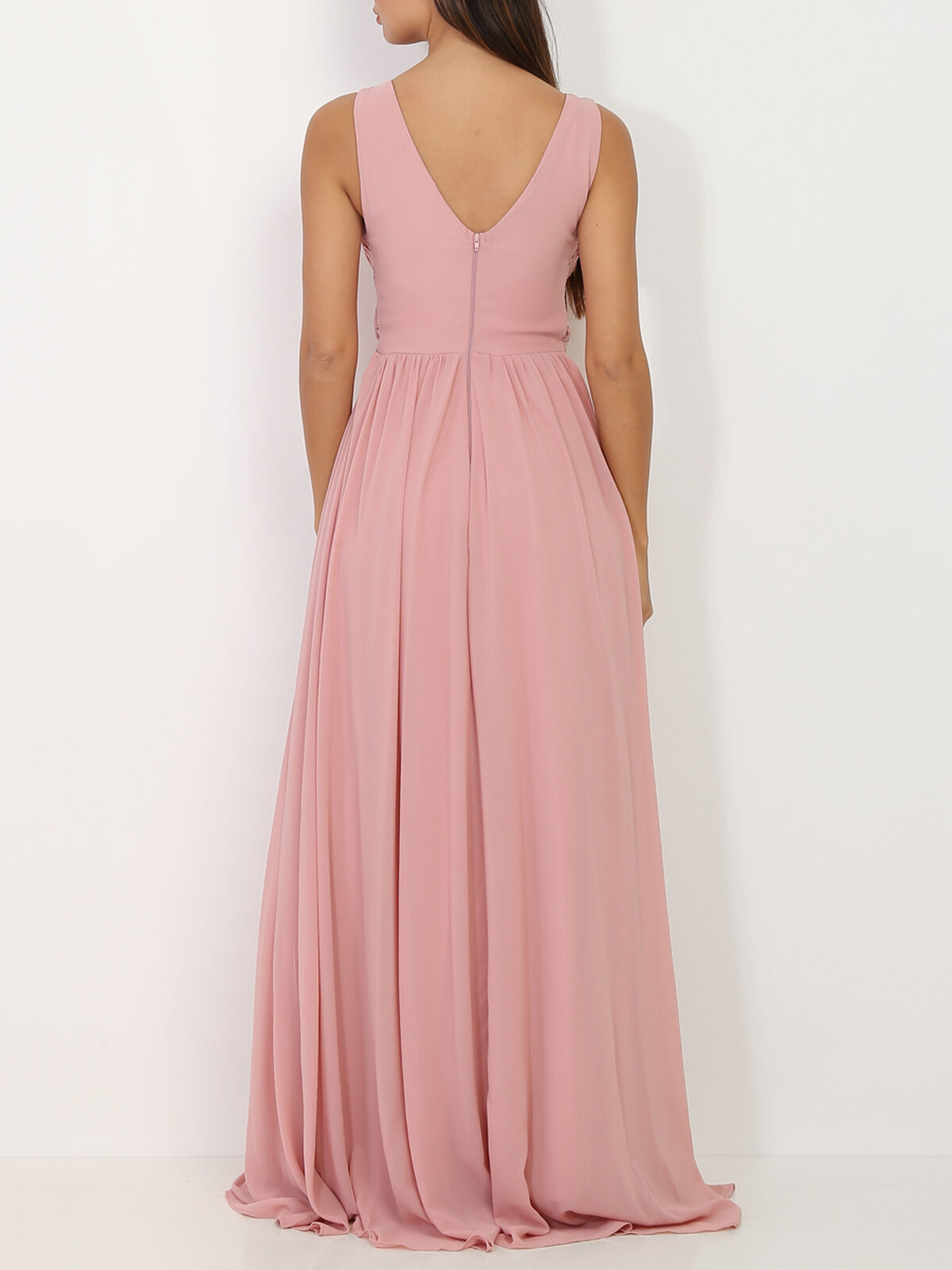 Robe longue à buste drapé et dentelle- Vieux rose