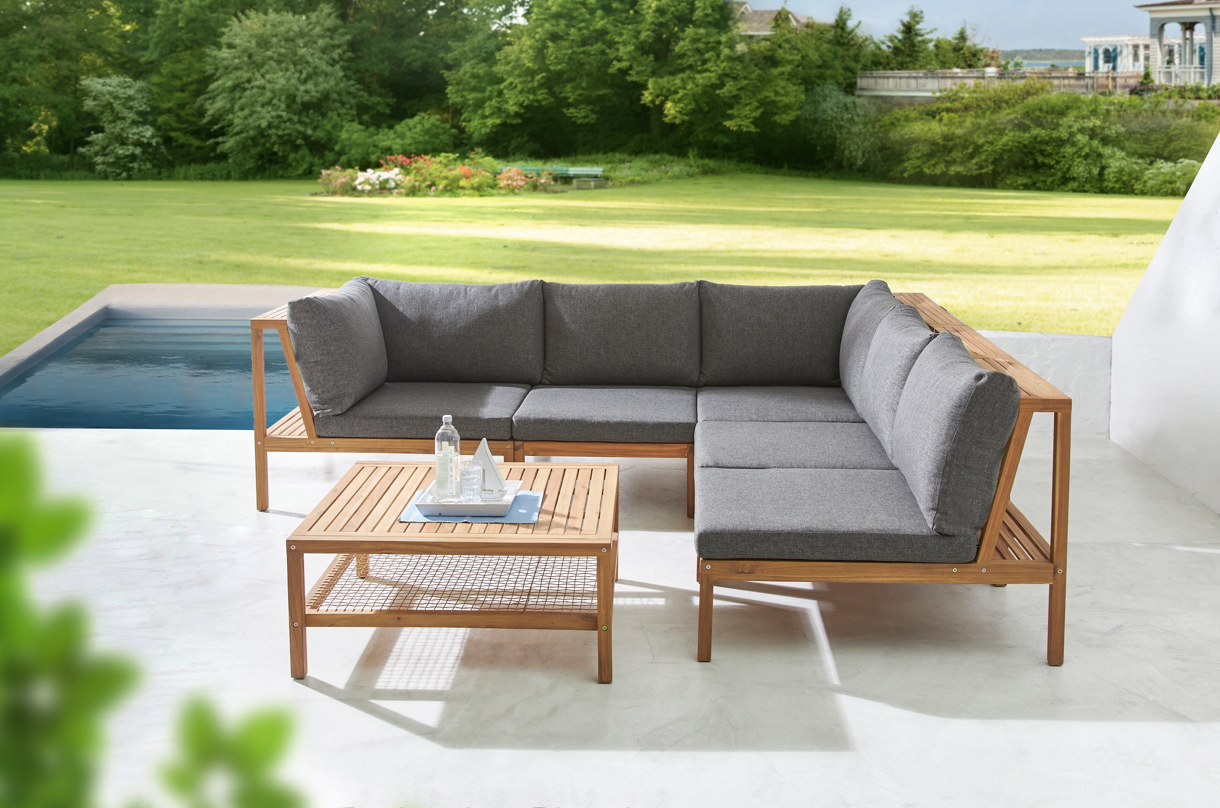 Timbers Gartenlounge-Set »Chesapeake« Set, verschiedene Stellmöglichkeiten, 6 Stk. tlg. Set besteht aus 100% Akazienholz, inkl. Auflagen