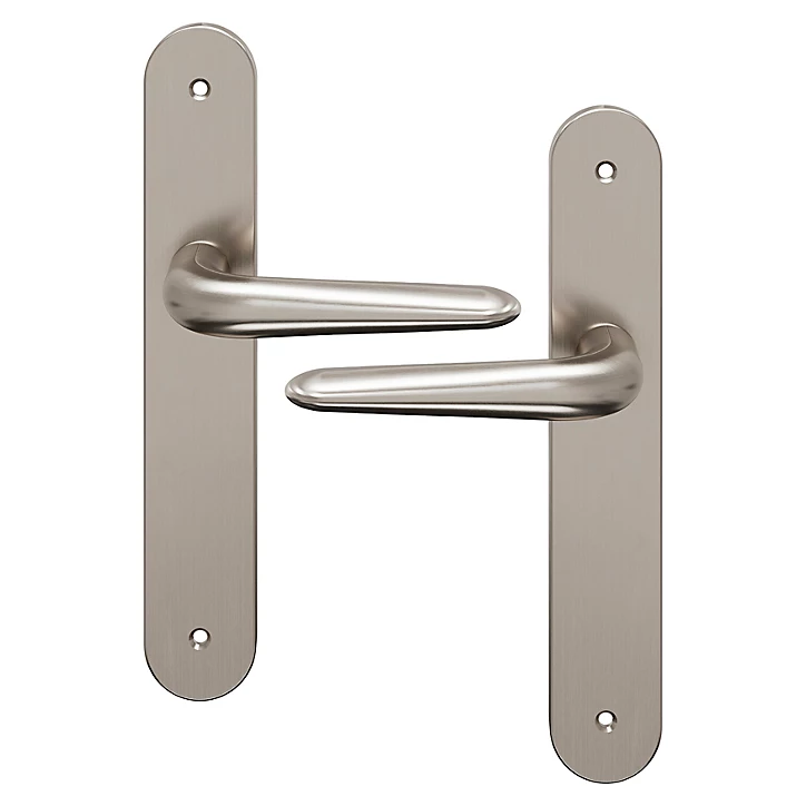 Ensemble poignée sur plaque Droit GoodHome Mehaban effet nickel satin gris L.120mm x l.40mm entraxe 195mm
