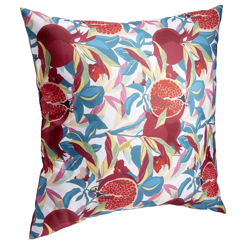 Coussin d'extérieur motif feuillage et grenade rouge et bleu 40x40cm